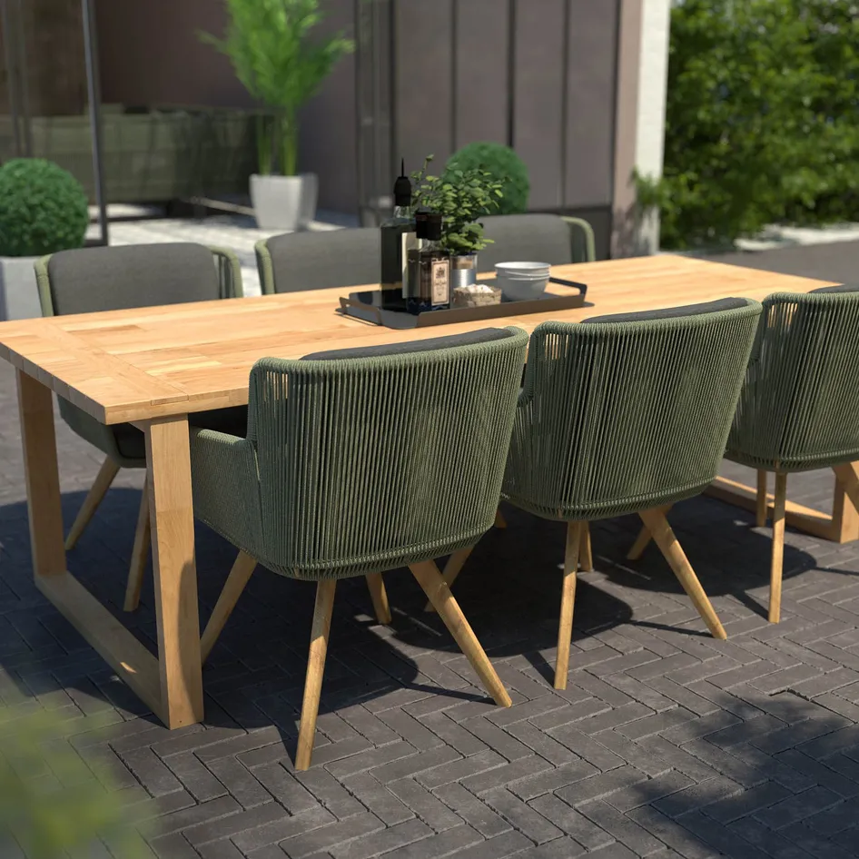 Flores 0005 Flores dining chair green rope with Spartan table Outdoor scene adjusted dimensions