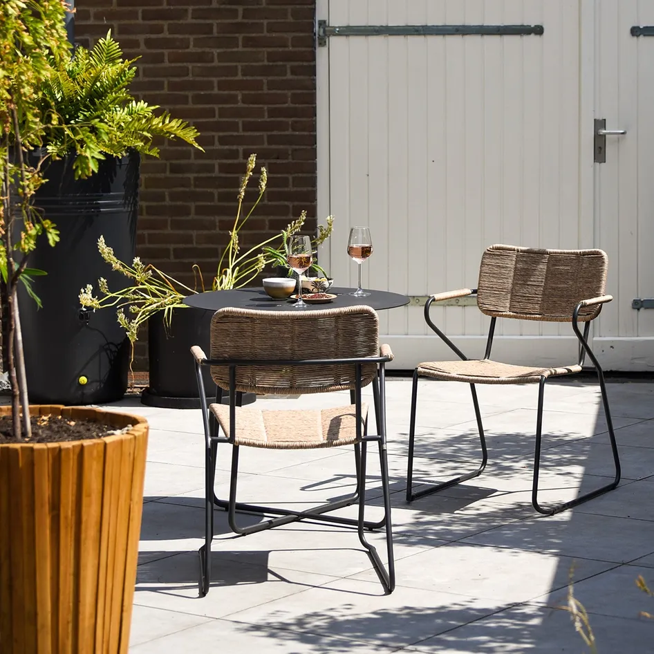 Swing stackable chair natural with Dali bistro table outdoor scene 04