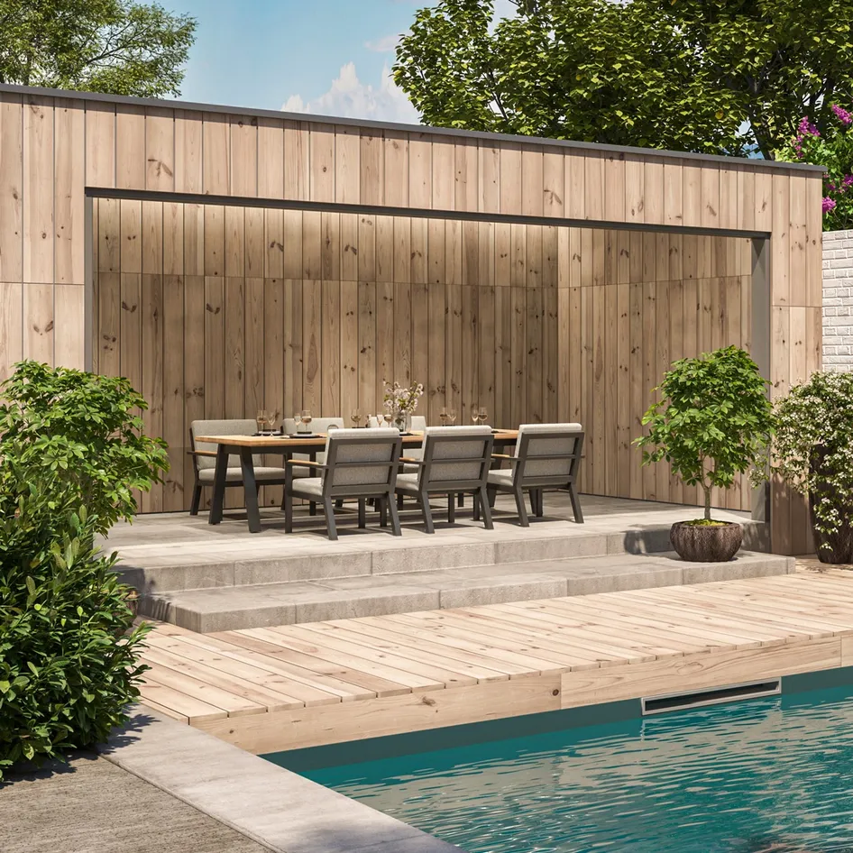 Proton low dining set with Ambassador table outdoors 01