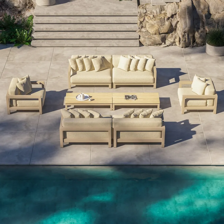 Raffinato living set with extra bench and 2 Capitol tables outdoor 01